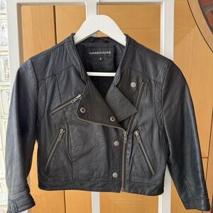 Warehouse Black Cropped Leather Jacket